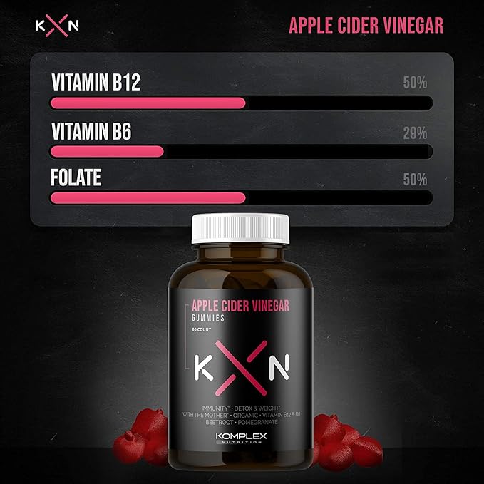 KompleX Nutrition Apple Cider Vinegar Gummies, Improve Digestion, Detox, 1000mg ACV Powder with Mother, 60 Vegan and Gluten-Free Supplement Gummies (ACV GUM)