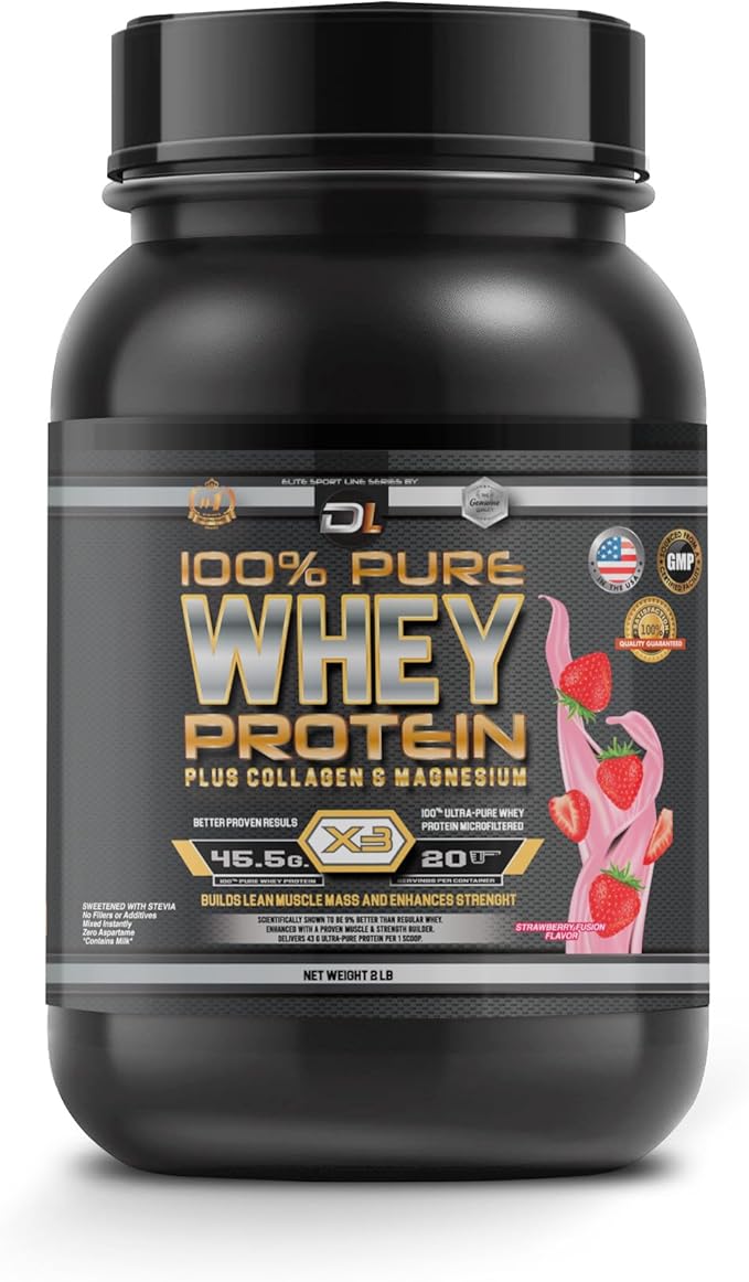 DL 100% Pure Whey Protein + Collagen + Magnesium | 43g. Protein & Essential BCAA´s | Muscle Gain, Recovery & Nutrient delivery | Low Fat Protein | Quik & Easy Mixing | 1 kg (1KG, Strawberry)