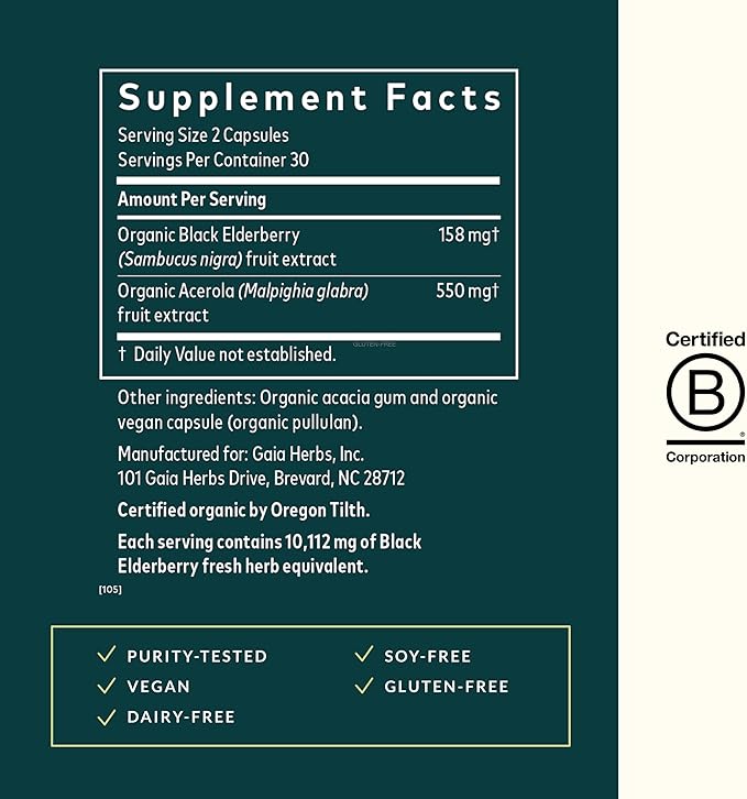 Gaia Herbs Black Elderberry - Daily Immune Support Supplement to Help Maintain Well-Being - with Black Elderberries and Acerola Fruit for Antioxidant Support - 60 Vegan Capsules (30-Day Supply)