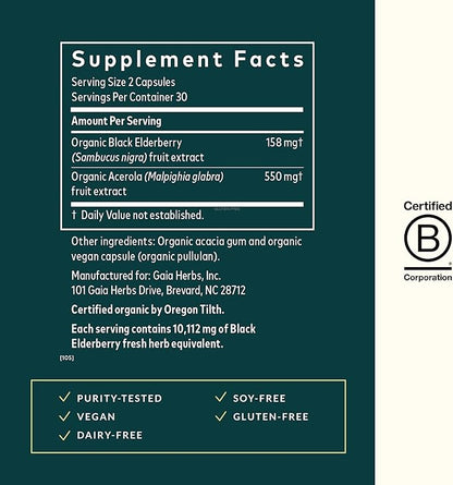 Gaia Herbs Black Elderberry - Daily Immune Support Supplement to Help Maintain Well-Being - with Black Elderberries and Acerola Fruit for Antioxidant Support - 60 Vegan Capsules (30-Day Supply)
