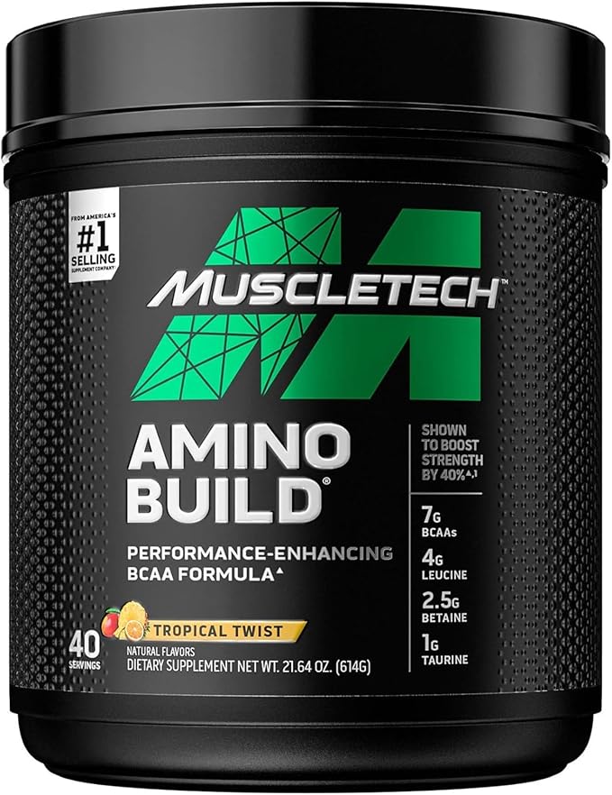 BCAA Amino Acids + Electrolyte Powder, MuscleTech Amino Build, 7g of BCAAs + Electrolytes, Support Muscle Recovery, Build Lean Muscle & Boost Endurance, Tropical Twist (40 Servings)