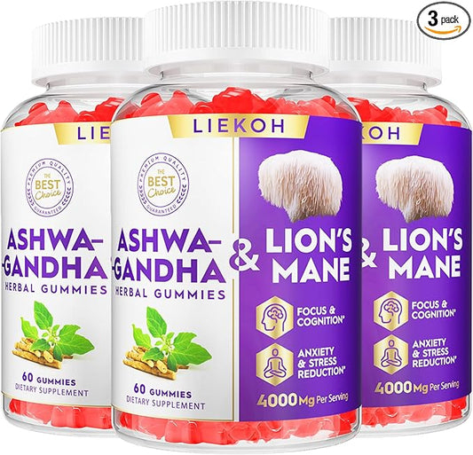 Ashwagandha & Lions Mane Gummies for Adults -Cortisol and Brain Health, 4000mg Ultra Strength Lion's Mane Mushroom Supplements for Cognitive & Immune, Berry Flavor - 180 Organic Mushroom Gummies