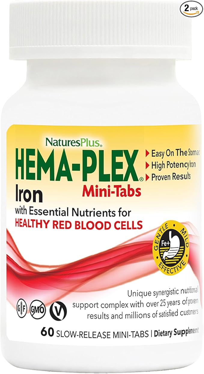 NaturesPlus Hema-Plex Iron - 60 Slow-Release Mini-Tabs - 2 Pack - 85 mg Chelated Iron - Total Blood Health - With Vitamin C & Bioflavonoids - Vegan, Gluten Free - 60 Total Servings