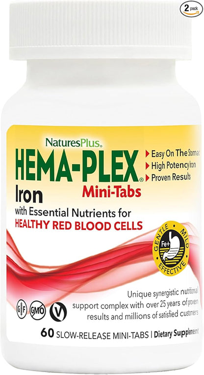 NaturesPlus Hema-Plex Iron - 60 Slow-Release Mini-Tabs - 2 Pack - 85 mg Chelated Iron - Total Blood Health - With Vitamin C & Bioflavonoids - Vegan, Gluten Free - 60 Total Servings