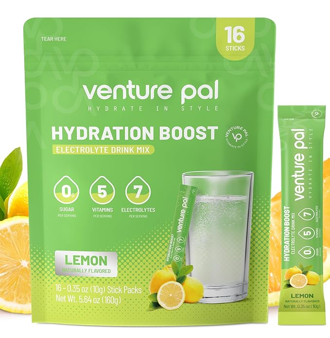 Venture Pal Sugar Free Electrolyte Powder Packets - Liquid Daily IV Drink Mix for Rapid Hydration & Party Recovery | 5 Vitamins & 7 Electrolytes| Keto Friendly | Non-GMO | Certified Vegan | 16 Sticks