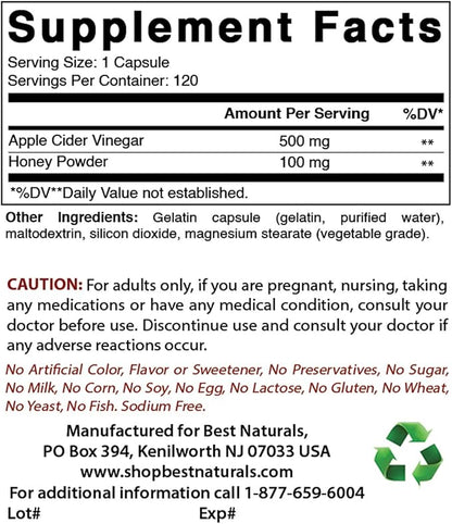 Best Naturals Apple Cider Vinegar Plus 600 Mg 120 Capsules - Vinegar Capsules for Healthier Digestion, Cleanse Body Naturally (Pack of 2)