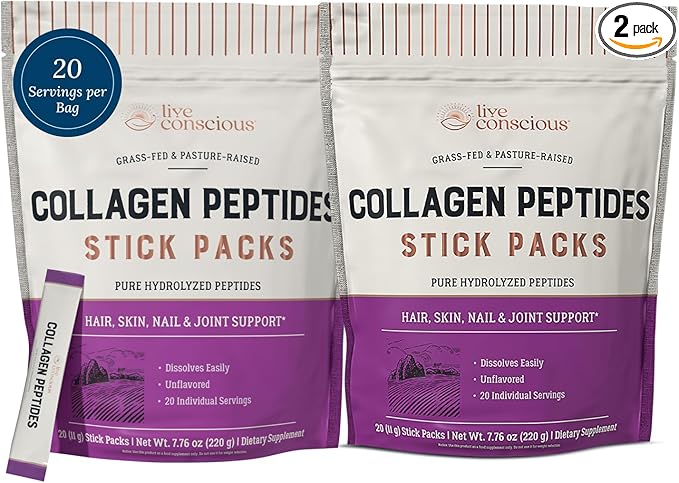 Live Conscious Collagen Peptides Powder Unflavored Packets-Hydrolyzed Collagen Powder-Hair, Skin, Nail, & Joint Support-Type I & III Grass-Fed Collagen Supplements for Women and Men - Pack of 20 (2Pk)