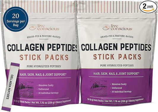 Live Conscious Collagen Peptides Powder Unflavored Packets-Hydrolyzed Collagen Powder-Hair, Skin, Nail, & Joint Support-Type I & III Grass-Fed Collagen Supplements for Women and Men - Pack of 20 (2Pk)