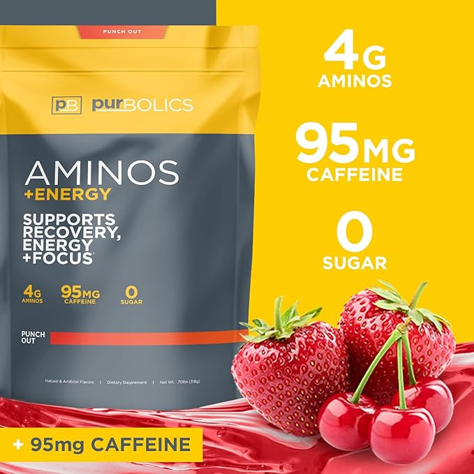 Aminos + Energy | Supports Recovery, Energy & Focus | 95mg of Caffeine, 0 Sugar & 60 Servings (Punch Out)
