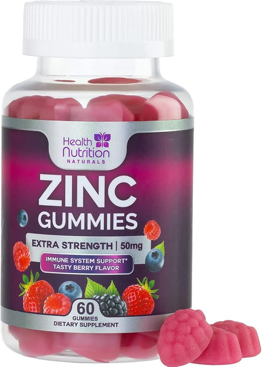 Zinc Gummy for Adults 50mg, Max Strength Bone, Skin & Immune Support Zinc Gummies, Vegan, Non-GMO & Gluten Free, Immune Health Support, Nature’s Antioxidant Chewable Zinc Vitamins - 60 Gummies