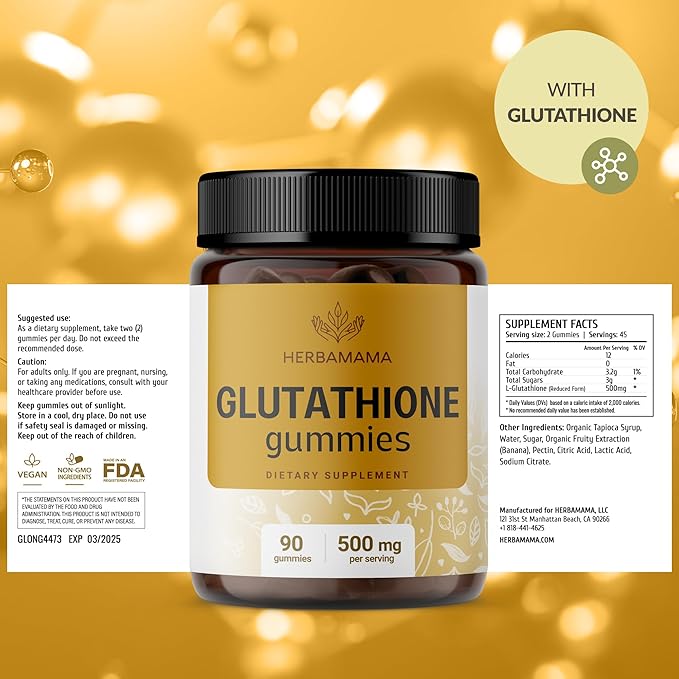HERBAMAMA Reduced Glutathione Gummies - L-Glutathione 500 mg for Liver Detox and Cleanse - Liver Support Supplement - Vegan, Gelatin-Free, Non-GMO - 90 Mango-Flavored Antioxidant Chews.