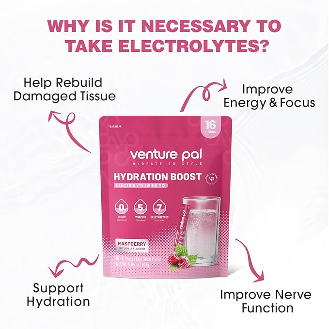 Venture Pal Sugar Free Electrolyte Powder Packets - Liquid Daily IV Drink Mix for Rapid Hydration & Party Recovery | 5 Vitamins & 7 Electrolytes| Keto Friendly | Non-GMO | Certified Vegan | 16 Sticks