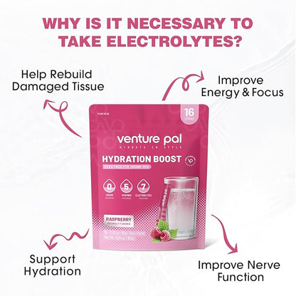 Venture Pal Sugar Free Electrolyte Powder Packets - Liquid Daily IV Drink Mix for Rapid Hydration & Party Recovery | 5 Vitamins & 7 Electrolytes| Keto Friendly | Non-GMO | Certified Vegan | 16 Sticks