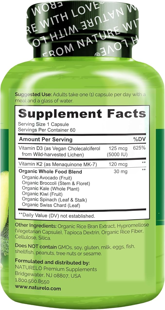 NATURELO Vitamin D3 K2 - Vegan K2+D3 with Plant Based D3 from Lichen - Natural D3 Supplement for Immune System, Bone Support, Heart Health - Whole Food - Non-GMO - Gluten Free, 60 Capsules