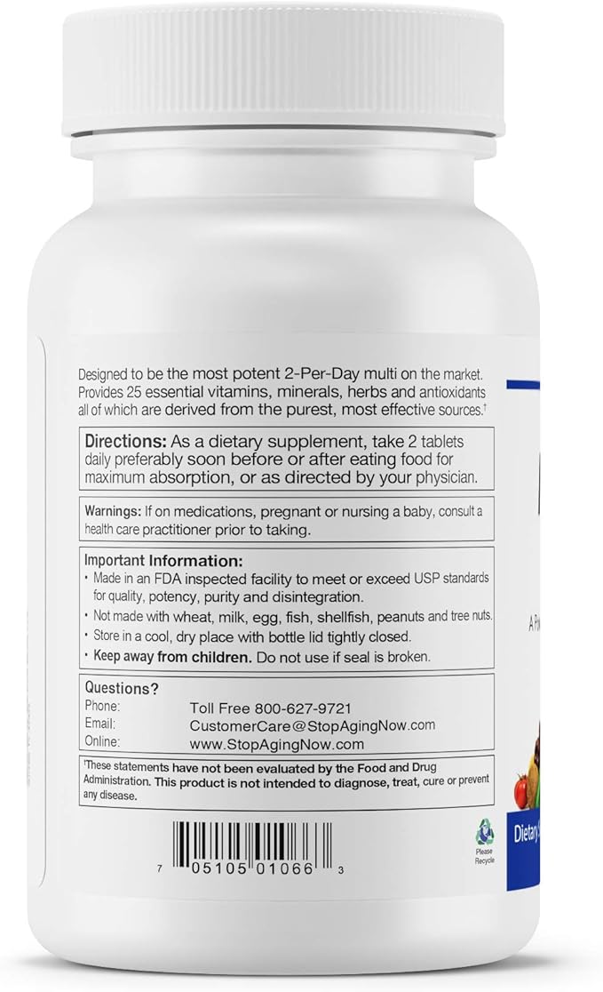 Stop Aging Now - Multi360 Complete 2-Per-Day Multivitamin and Multimineral Supplement - 25 Essential Vitamins, Minerals, Herbs and Antioxidants - Immune Support and Nutritional Supplement - 60 Tablets