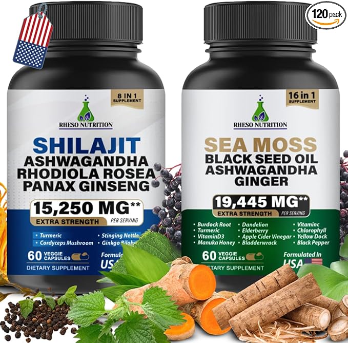 Sea Moss & Shilajit Multivitamin Bundle - Sea Moss 7000mg, Shilajit 9000mg, Black Seed Oil 4000mg, Ashwagandha 2000mg, Ginger & Rhodiola Rosea 1000mg, All in 1 Supplements