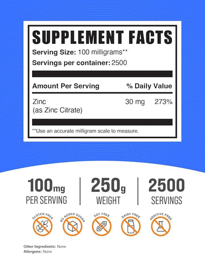 BulkSupplements.com Zinc Citrate Powder - Zinc Supplements, Zinc 30mg - Pure Zinc Citrate for Immune Support - Gluten Free, 100mg per Serving, 250g (8.8 oz) (Pack of 1)