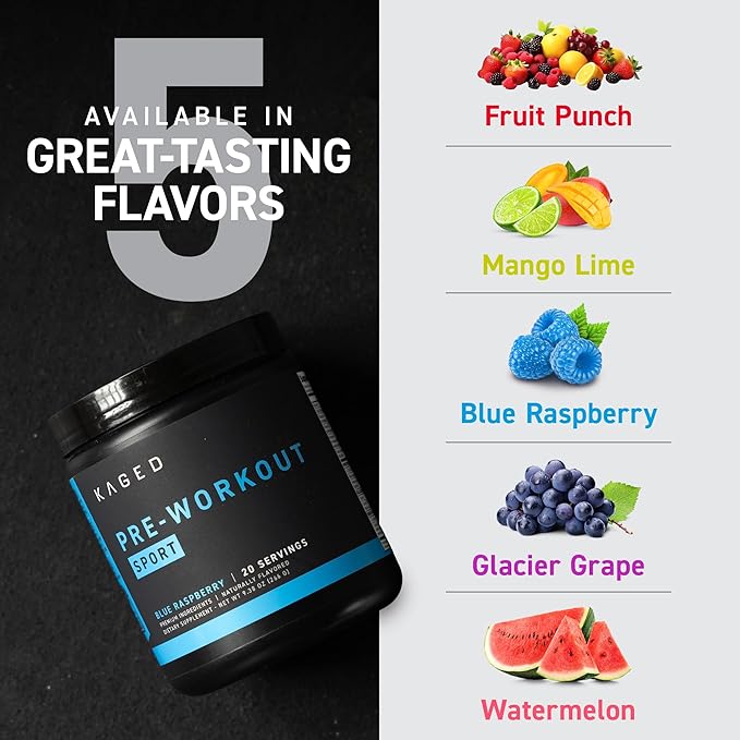 Kaged Pre-Kaged Sport Pre Workout Powder | Blue Razz | Energy Supplement for Endurance | Cardio, Weightlifting Sports Drink | 20 Servings