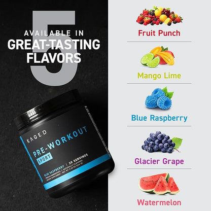 Kaged Pre-Kaged Sport Pre Workout Powder | Blue Razz | Energy Supplement for Endurance | Cardio, Weightlifting Sports Drink | 20 Servings