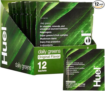 Huel Daily Greens Single Serve | Superfood Greens Powder | 91 Vitamins, Minerals, and Wholefood-Sourced Ingredients | Adaptogens, Antioxidants, Gut-Friendly Probiotics | 12 Pack…