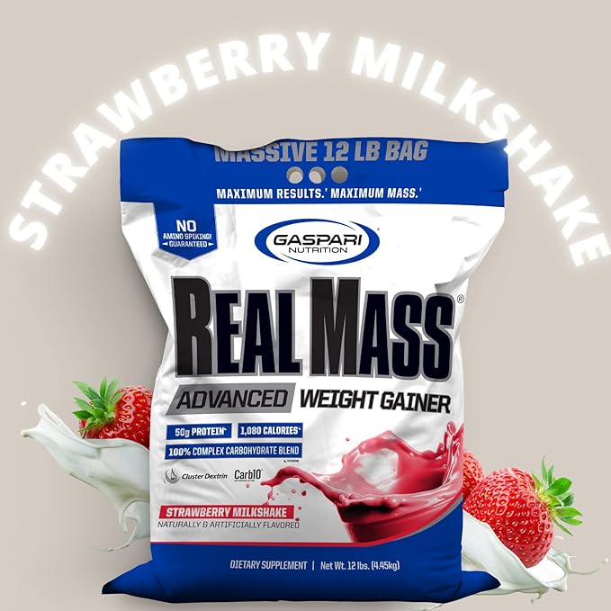Gaspari Nutrition Real Mass Advanced Weight Gainer, Strawberry Milkshake, 12 Pound