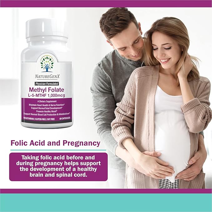 Methylfolate MTHRF Supplement - 1000 mcg Bioactive Vitamin B9 (5-MTHF) - Supports Pregnancy & Fetal Health - 60 Capsules - Gluten-Free