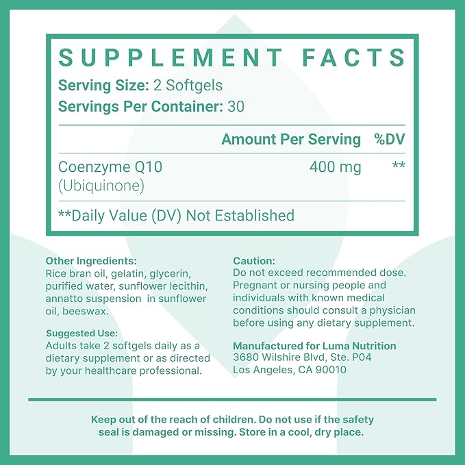 Luma Nutrition CoQ10 400mg Softgels - Premium Coenzyme Q10 - Co Q-10 200mg Softgel / 400mg Per Serving - 60 Liquid Softgels