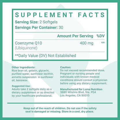 Luma Nutrition CoQ10 400mg Softgels - Premium Coenzyme Q10 - Co Q-10 200mg Softgel / 400mg Per Serving - 60 Liquid Softgels