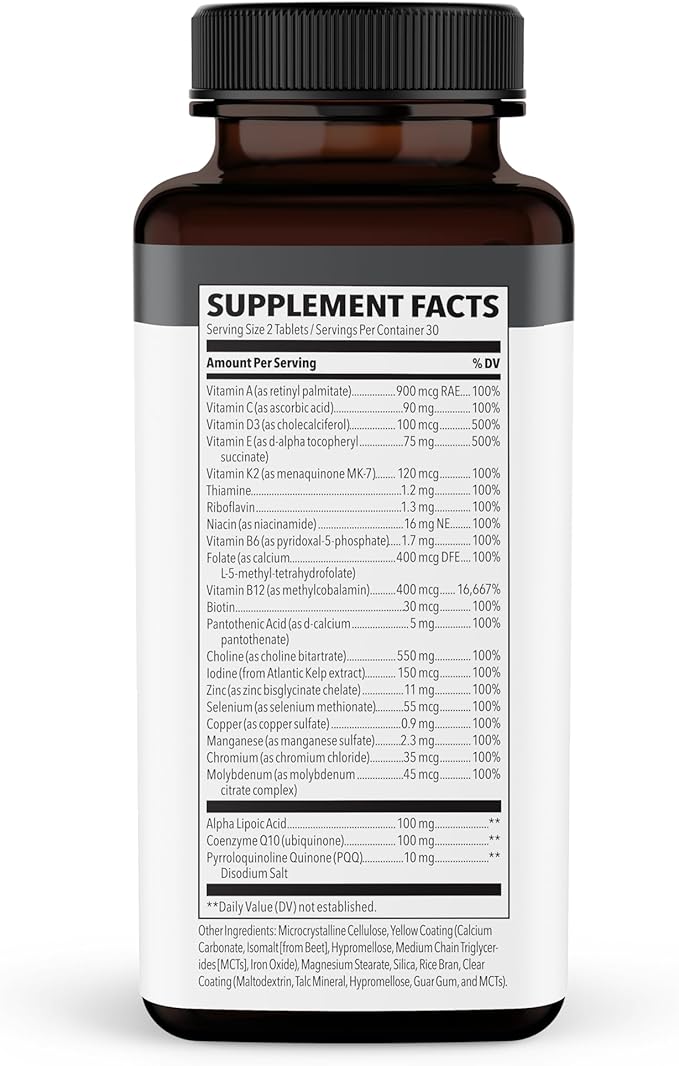 NeuroQ Daily Essentials Multivitamin - Fortified Mental Performance & Overall Wellness - Improve Memory & Focus - B-Complex, Vitamin D, Folate, CoQ10, Pantothenic Acid & More - 60 Capsules