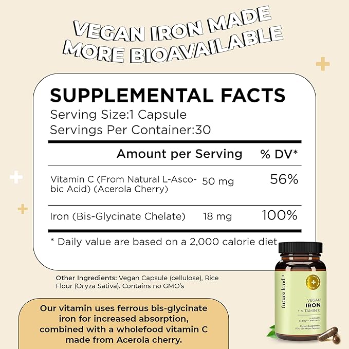 Future Kind Vegan Iron Supplement with Vitamin C (30 Iron Capsules) in Glass Bottle - Iron Supplements for Men and Women - Vegan Supplement Iron with Vitamin C for Energy, Focus & Immunity Support