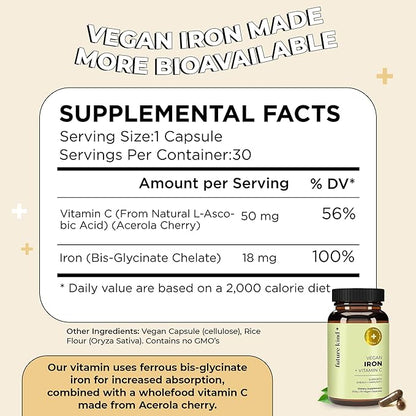 Future Kind Vegan Iron Supplement with Vitamin C (30 Iron Capsules) in Glass Bottle - Iron Supplements for Men and Women - Vegan Supplement Iron with Vitamin C for Energy, Focus & Immunity Support