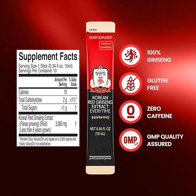 CheongKwanJang Korean Red Ginseng Extract Everytime 3000mg | Sugar Free Energy Supplement, Ginseng Tea, Ginseng Supplement, Korean Food | Energy Boost,Stamina | 30 Count
