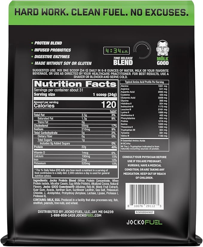 Jocko Mölk Whey Protein Powder 22g Sugar Free Monk Fruit Blend - Muscle Recovery & Growth, Packaging May Vary (31 Servings, Mint Chocolate)