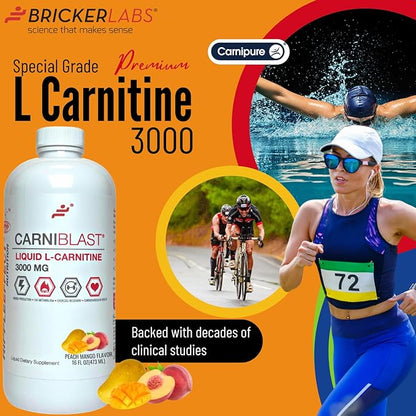CARNIBLAST Liquid L-Carnitine 3000mg, Premium L Carnitine Carnipure, Sports Nutrition, Energy Supplement and Energy Booster, Peach Mango 16 fl oz