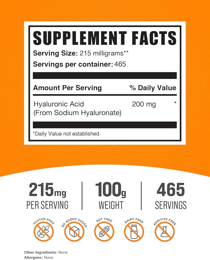 BulkSupplements.com Hyaluronic Acid Powder - Hyaluronic Acid Supplements, Hyaluronic Acid 215mg - Hyaluronic Acid Food Grade, Gluten Free - 215mg per Serving, 100g (3.5 oz) (Pack of 1)