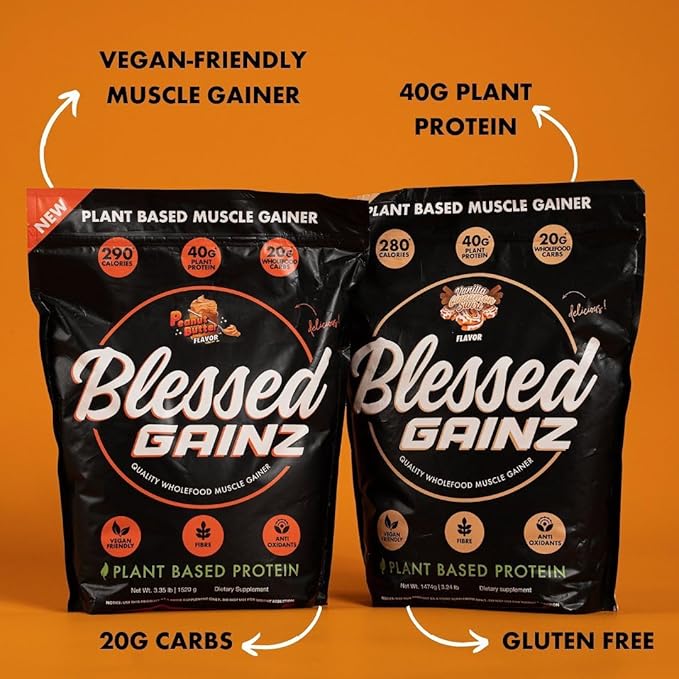 BLESSED Gainz Vegan Protein Powder Mass Gainer - 40g Plant Based Protein Powder - Meal Replacement Shake with Pea Protein Powder - Vegan Protein Shake - 40 Servings (Peanut Butter)