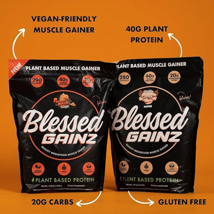 BLESSED Gainz Vegan Protein Powder Mass Gainer - 40g Plant Based Protein Powder - Meal Replacement Shake with Pea Protein Powder - Vegan Protein Shake - 40 Servings (Peanut Butter)