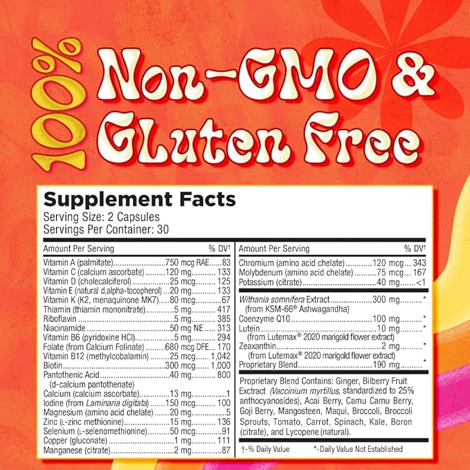 LUV Everyday™ Women’s 50+ Multivitamin, Women’s 50+ Adult Formula Daily Nutritional Support with Iron, Calcium, KSM-66 Ashwaganda, CoQ10, Lycopene, and Lutemax 2020 - Non GMO Gluten Free - 60 Capsules