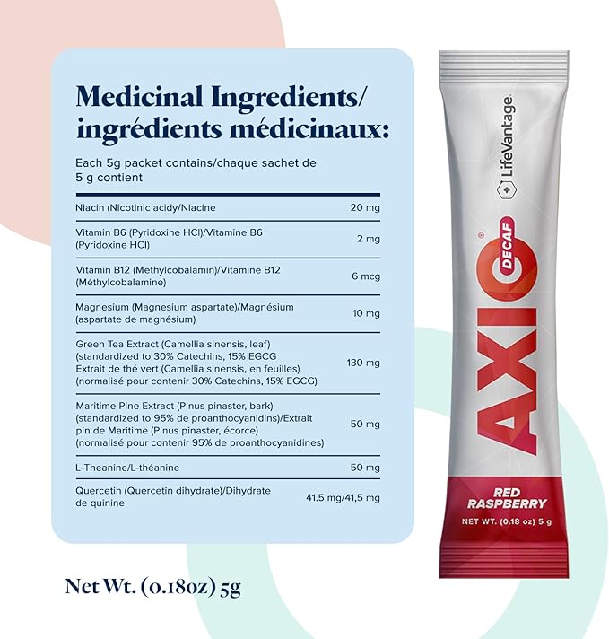 AXIO Regular Energy Drink Powder, Red Raspberry, 30 Packets, Instant Energy Powder, Energy Supplement in a Drink Mix, w/B Vitamins, DMAE, L-Theanine, Quercetin, Green Tea & Pine Bark Extract