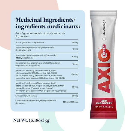 AXIO Regular Energy Drink Powder, Red Raspberry, 30 Packets, Instant Energy Powder, Energy Supplement in a Drink Mix, w/B Vitamins, DMAE, L-Theanine, Quercetin, Green Tea & Pine Bark Extract