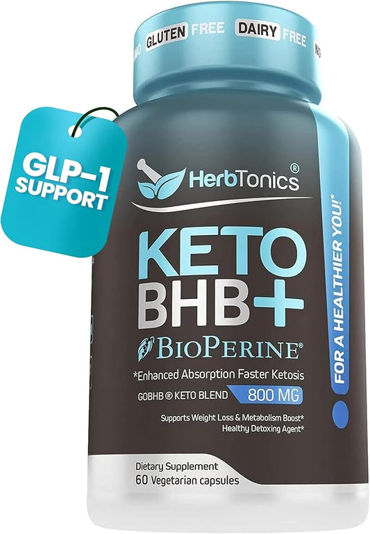 Herbtonics High Strength Keto Capsules with Bioperine for Enhanced Absorption – Gluten-Free BHB Salts for Ketosis, Fasting, and GLP-1 Support. Boosts Energy & Focus. 60 Vegan Capsules