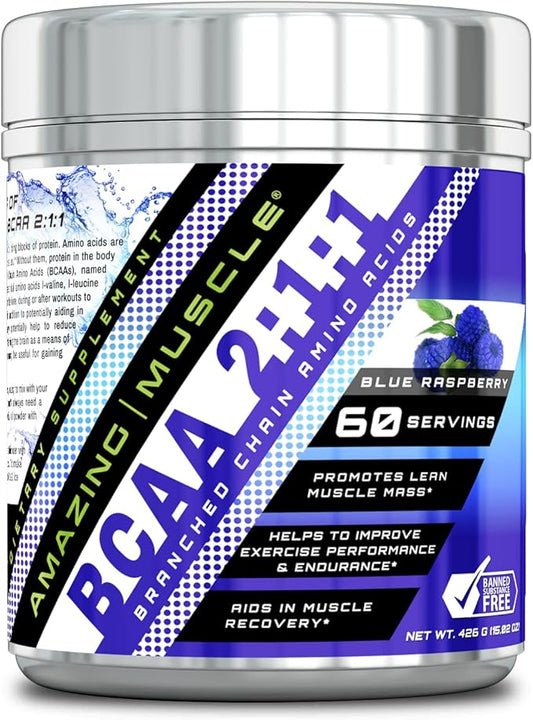 BCAA 2:1:1 Branched Chain Amino Acids Supplement | 6000 Mg Per Serving | 60 Servings Per Bottle | Blue Raspberry Flavor