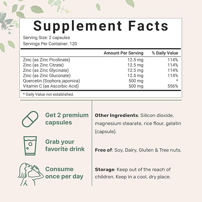 Micro Ingredients Quercetin with Vitamin C and Zinc, 240 Capsules | Quercetin 500mg, Vitamin C 500mg, Zinc 50mg (Picolinate, Citrate, Glycinate, Gluconate) | Complete Immune Support Supplements