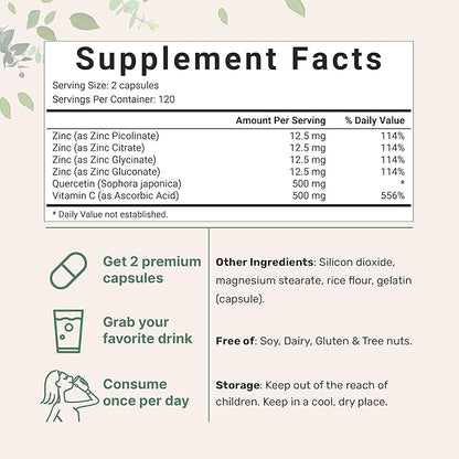 Micro Ingredients Quercetin with Vitamin C and Zinc, 240 Capsules | Quercetin 500mg, Vitamin C 500mg, Zinc 50mg (Picolinate, Citrate, Glycinate, Gluconate) | Complete Immune Support Supplements