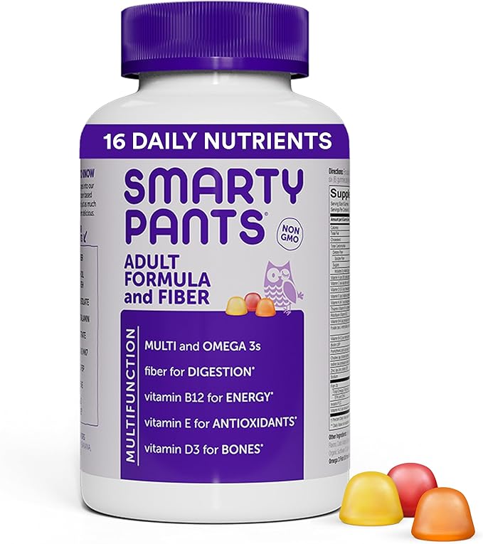 SmartyPants Fiber Supplement & Multivitamin for Men & Women: Multivitamin Fiber Gummies with Vitamin D3, C, Vitamin B12, B6, Vitamin A, K & Zinc, Omega 3 Fish Oil (EPA/DHA), 180 Count (30 Day Supply)