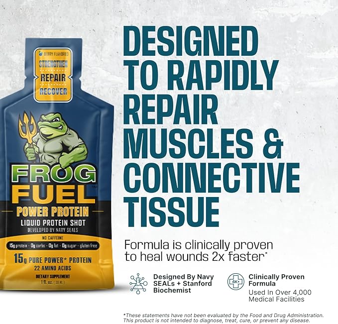 Frog Fuel Power Regular Protein Shot, 15g Protein Nano-Hydrolyzed Grass Fed Collagen, Post Workout, Gluten Free, Fat & Sugar Free, 22 Amino Acids, 0 Carbs, Berry, 1 oz Packets, 24 Pack