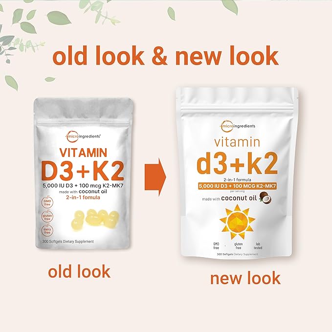 Micro Ingredients Vitamin D3 5000 IU Plus K2 (MK-7) 100 mcg, 300 Virgin Coconut Oil Softgels | 2 in 1 Vitamins D & K Complex | Supports Calcium Absorption, Bone, Immune, & Heart Health