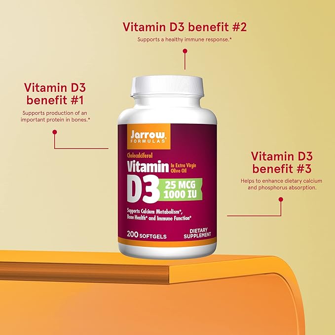 Jarrow Formulas Vitamin D3 25 mcg, Dietary Supplement, Bone and Joint, Support for Immune Health and Calcium Metabolism, 200 Softgels, 200 Day Supply