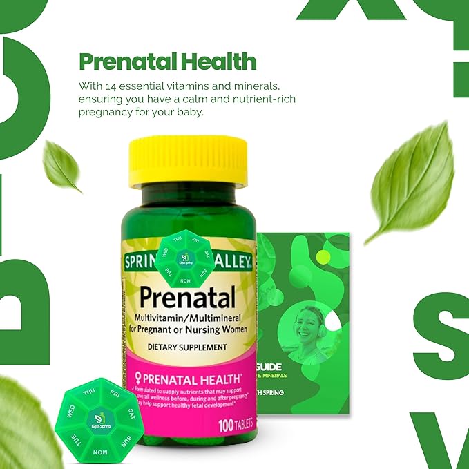 Prenatal Multivitamin/Multimineral 100 Tablets with Bundle Exclusive Vitamins & Minerals - A to Z -Better Ligth&Spring Guide + Weekly Pill Organizer (3 Items)