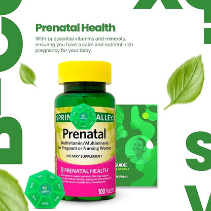 Prenatal Multivitamin/Multimineral 100 Tablets with Bundle Exclusive Vitamins & Minerals - A to Z -Better Ligth&Spring Guide + Weekly Pill Organizer (3 Items)